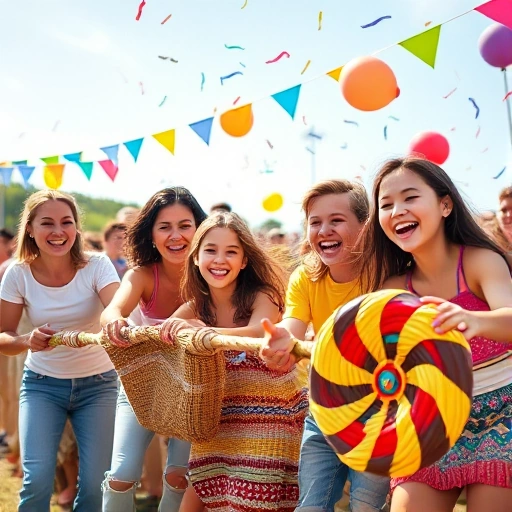 A cheerful group of people of diverse ages and backgrounds playing fun outdoor games and contests: sack race, tug-of-war, ring toss, and balloon darts, all laughing and enjoying themselves under a bright sunny sky with colorful banners and confetti in the air, festive atmosphere, vibrant colors, joyful expressions, dynamic motion, no text or signs