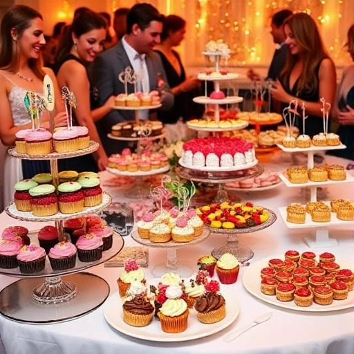 A festive table filled with a variety of colorful sweets and desserts — cupcakes, macarons, chocolates, fruit tarts, and candy — arranged beautifully for guests, warm lighting, joyful atmosphere, no text or letters visible