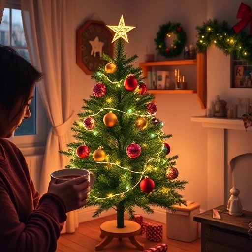 A cozy, festive home scene with a person quickly decorating a small Christmas tree with colorful ornaments, string lights, and a star on top, while holding a mug of hot cocoa, soft warm lighting, minimal clutter, cheerful atmosphere, realistic style, high detail