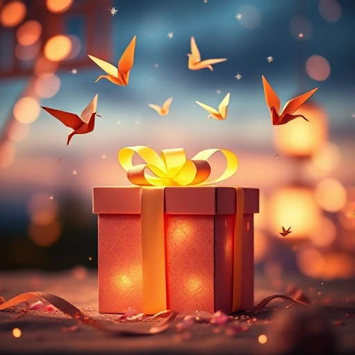 A whimsical gift box with a glowing ribbon, surrounded by floating origami cranes, tiny lanterns, and sparkling confetti in soft pastel colors, set against a dreamy twilight sky with gentle bokeh lights, evoking warmth and surprise
