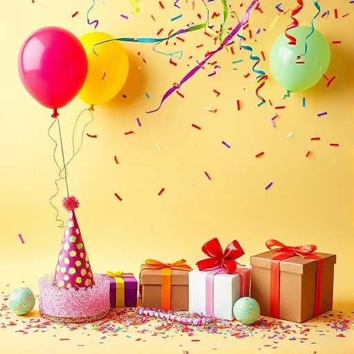 A festive scene with colorful party accessories including balloons, streamers, confetti, party hats, and gift boxes arranged joyfully on a bright background, suitable for a holiday celebration theme