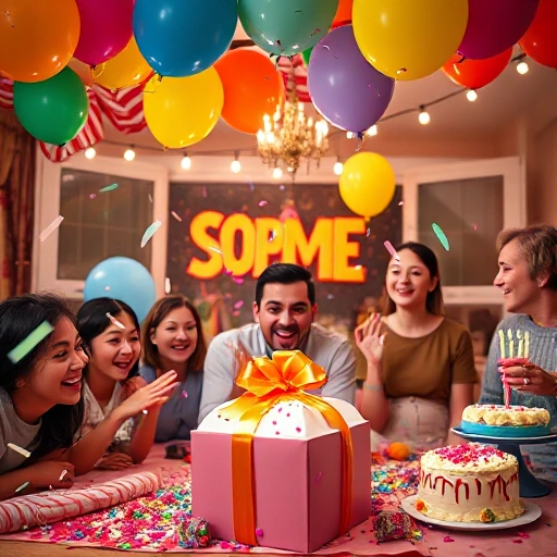 A vibrant surprise-themed party scene with colorful balloons, confetti falling, a hidden gift box with a ribbon, surprised guests laughing, string lights overhead, and a cake with candles in the background, all in a warm, festive indoor setting