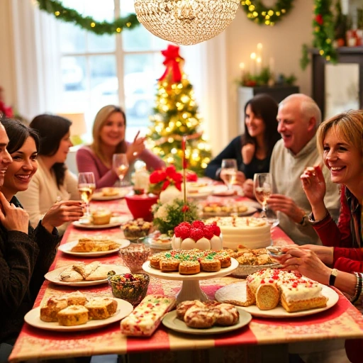 A festive table filled with colorful holiday treats like decorated cakes, cookies, and candies, surrounded by smiling people enjoying the celebration in a cozy indoor setting with warm lighting and decorations