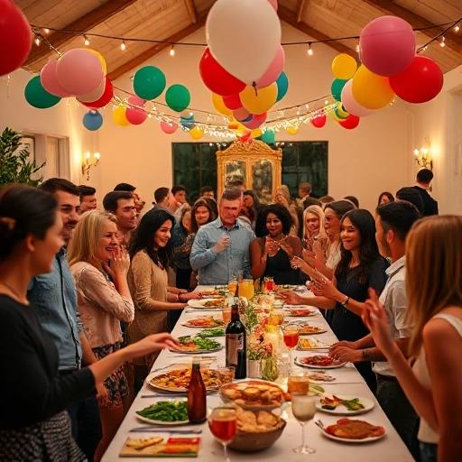 A joyful celebration with diverse guests of different ages and ethnicities gathered in a beautifully decorated indoor space with colorful balloons, string lights, and a long table filled with festive food and drinks, people laughing, dancing, and sharing moments, warm ambient lighting, cozy and inclusive atmosphere
