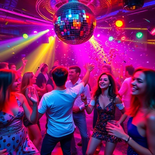 A festive disco party with colorful lights, people dancing joyfully on a dance floor, disco ball overhead, vibrant neon reflections, retro 70s fashion, energetic atmosphere, confetti in the air, smiling faces, dynamic motion blur to convey movement, high detail, cheerful celebration
