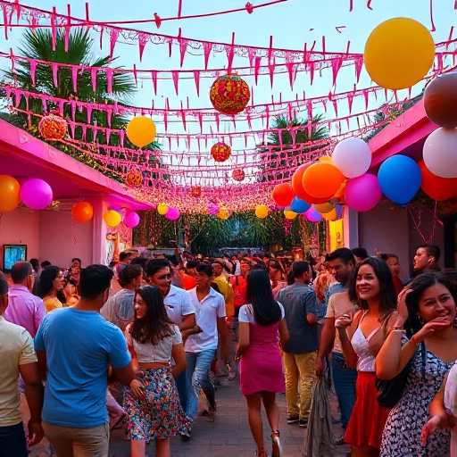 A vibrant outdoor celebration scene with colorful decorations, festive lights, people dancing and smiling, balloons, confetti, and a joyful atmosphere, smallHQ