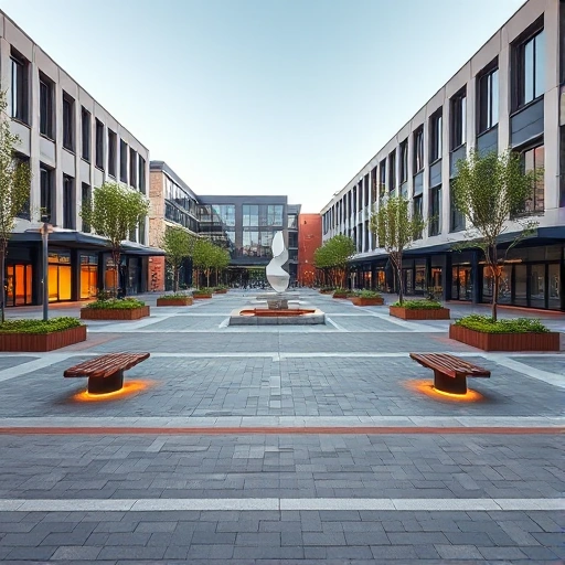 A modern reconstructed central square with paved walkways, contemporary benches, soft ambient lighting, minimalist sculptures, and greenery integrated into the design, under a clear daytime sky, reflecting urban renewal and civic pride