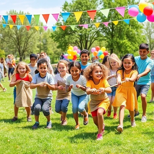 A cheerful group of diverse children and adults playing fun outdoor games and contests: sack race, three-legged race, egg-and-spoon relay, and tug-of-war, all laughing and smiling under a bright sunny sky with colorful banners and balloons in a grassy park