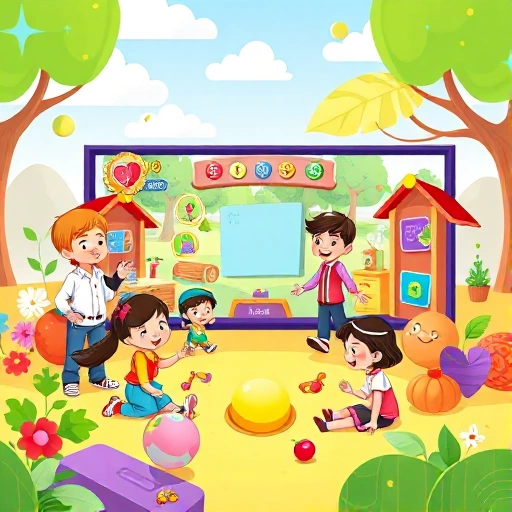 A vibrant and colorful illustration of a family-friendly video game interface designed for all ages, featuring diverse cartoon characters of different ages, genders, and ethnicities joyfully playing together in a whimsical game world with bright, inviting visuals, educational elements subtly integrated, and a cheerful atmosphere