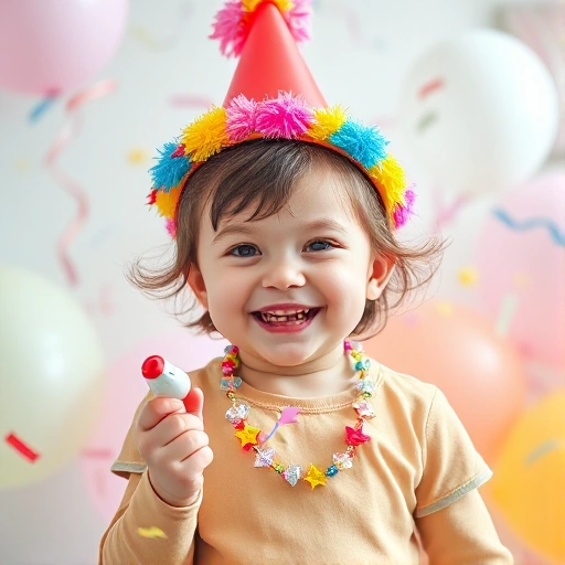 A joyful child wearing colorful festive accessories: a bright party hat with pom-poms, a glittery necklace with star-shaped beads, and holding a small handheld confetti cannon. Around them, floating balloons in pastel colors and scattered paper streamers create a celebratory atmosphere. Soft natural lighting, shallow depth of field, whimsical and cheerful mood.
