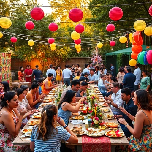 A vibrant thematic celebration for all guests, featuring colorful decorations, diverse people of different ages and backgrounds enjoying food, music, and dancing under string lights in an outdoor garden setting, with tables laden with festive dishes, balloons, and cultural motifs, warm golden-hour lighting, joyful expressions, no text or signs visible
