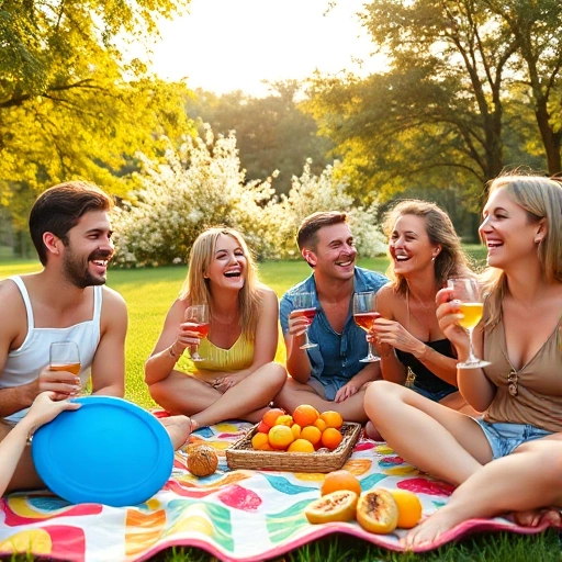 A group of cheerful adults laughing and enjoying a sunny outdoor picnic with colorful blankets, wine glasses, fresh fruit, and lighthearted games like frisbee and badminton, surrounded by green trees and blooming flowers, warm golden hour lighting, candid joyful expressions, relaxed summer atmosphere
