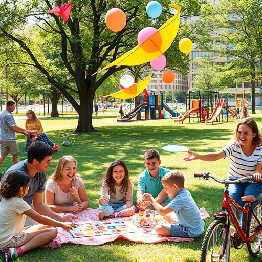 A joyful scene of children and adults playing together in a sunny park: families flying kites, playing board games on a picnic blanket, tossing a frisbee, and laughing while riding bicycles. Colorful balloons float in the air, trees provide shade, and a playground with slides and swings is visible in the background. Warm, vibrant, wholesome atmosphere with natural lighting and soft focus on smiles and movement.