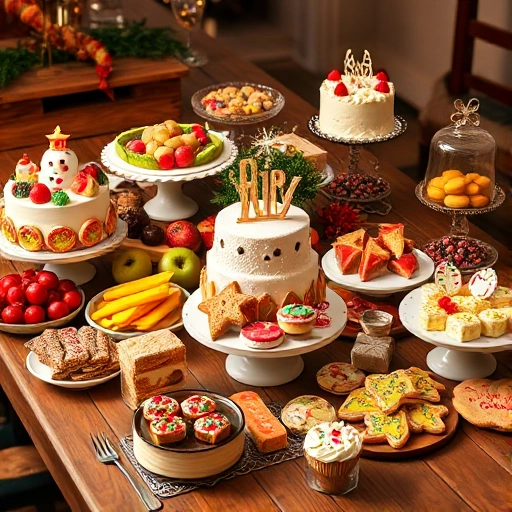 A festive table filled with a variety of holiday treats for all guests, including colorful cakes, pastries, fruits, candies, and decorated cookies, arranged beautifully on a wooden table with soft warm lighting, evoking joy and celebration, no text or letters visible