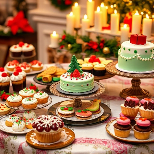 A festive table filled with colorful holiday desserts and treats, including decorated cakes, pastries, cookies, cupcakes with frosting and sprinkles, fruit tarts, chocolate truffles, and traditional sweets like gingerbread and macarons, arranged beautifully on a decorative tablecloth with candles and seasonal decorations in the background, warm lighting, cozy and joyful atmosphere