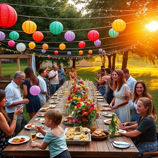 A joyful outdoor celebration with diverse guests of all ages laughing, dancing, and sharing food under colorful string lights and paper lanterns, long wooden tables filled with homemade dishes, flowers, and candles, children playing with balloons, adults toasting with glasses, warm golden-hour sunlight filtering through trees, festive but relaxed atmosphere, no text or signs visible