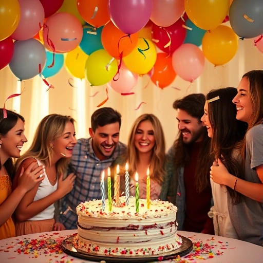 A joyful surprise party scene with colorful balloons, confetti falling, a decorated cake with candles, friends and family laughing and hugging, soft warm lighting, festive atmosphere, no text or signs visible