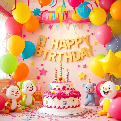 A vibrant and joyful children's birthday party decoration scene with colorful balloons, paper garlands, confetti, a cake with candles, and playful cartoon-style characters like smiling animals and stars, all in a bright, cheerful indoor setting with soft lighting and whimsical details