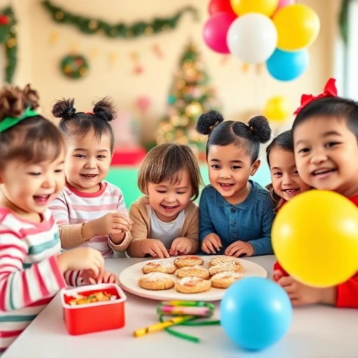 A cheerful group of diverse children participating in festive activities in a bright, colorful setting, such as decorating cookies, playing with balloons, or creating holiday crafts, with joyful expressions and vibrant decorations, smallHQ