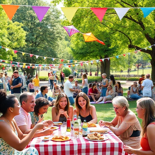 A joyful outdoor celebration in a sunny park with diverse people of all ages enjoying a picnic, playing games, flying kites, and sharing food under colorful banners and string lights, surrounded by green trees and blooming flowers, warm daylight, candid moments of laughter and connection