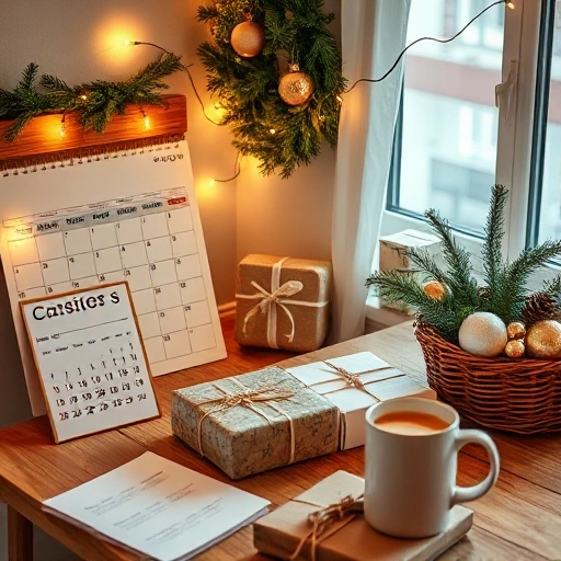 A cozy, well-organized home scene showing preparations for a holiday in advance: a calendar with marked dates, neatly wrapped gifts on a wooden table, string lights being hung on a wall, a basket of fresh pine branches and ornaments nearby, a steaming mug of tea or cocoa, soft warm lighting, natural textures like linen and wood, no people visible, peaceful and festive atmosphere