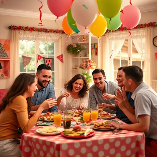 A joyful family celebration in a cozy home setting with colorful decorations, balloons, a festive table with food and drinks, people smiling and hugging, confetti in the air, warm lighting, and a happy atmosphere
