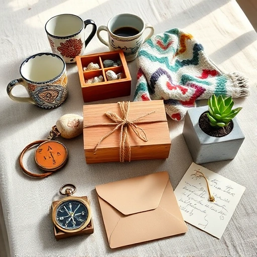 A vibrant collage of unique gift ideas for a festive holiday: handmade ceramic mugs with intricate patterns, a wooden puzzle box with hidden compartments, a knitted scarf in bold geometric designs, a vintage-style compass with engraved initials, a potted succulent in a minimalist concrete planter, and a handwritten letter tied with twine — all arranged artfully on a rustic linen tablecloth under soft natural light, evoking warmth and thoughtfulness