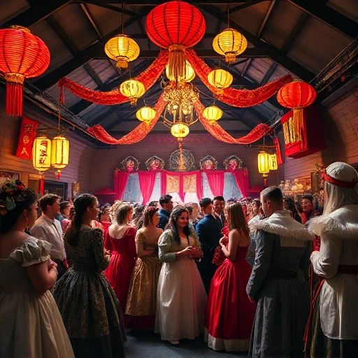 A vibrant themed costume party with people in elaborate historical or fantasy costumes celebrating in a decorated hall, featuring colorful lanterns, festive banners, and a joyful atmosphere, smallHQ