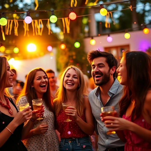 A group of joyful adults laughing and dancing at a vibrant outdoor party with colorful string lights, holding drinks and smiling, surrounded by festive decorations and confetti in the air, warm golden hour lighting, candid candid moment, high detail, realistic but stylized