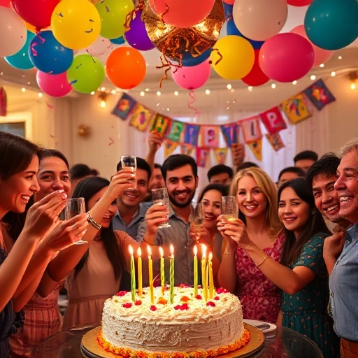 A joyful celebration scene with colorful balloons, confetti in the air, a beautifully decorated cake with candles, smiling people of diverse ages raising glasses in a warmly lit indoor setting with string lights and festive banners, capturing the magic of an unforgettable party