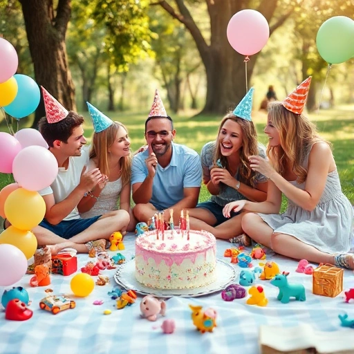 A whimsical children's birthday party scene designed for adults: colorful balloons, a cake with candles, playful toys scattered on a picnic blanket, adults in casual joyful attire laughing and playing with party hats and noisemakers, soft sunlight filtering through trees, pastel-colored decorations, a sense of nostalgic fun and lightheartedness, no text or signs visible