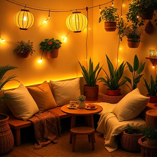 A cozy corner for all guests of the celebration, featuring soft warm lighting, plush cushions and blankets arranged on a low wooden bench, a small round table with tea cups and pastries, string lights overhead, potted plants in the background, and a gentle festive atmosphere with subtle decorations like paper lanterns and woven baskets — inviting, inclusive, and serene, no text or symbols visible