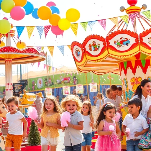A joyful children's festival scene with colorful carnival rides such as a small Ferris wheel, a gentle carousel with painted horses, and a mini roller coaster, all set under bright balloons and festive banners. Happy children of various ages laugh and play, some holding cotton candy or ice cream, while parents watch nearby. The atmosphere is bright, sunny, and full of energy, with confetti in the air and decorative flags strung between rides. Soft shadows and warm lighting enhance the cheerful m