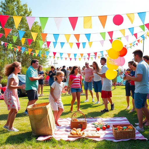 A joyful outdoor party scene with people of different ages playing fun games like sack races, ring toss, and balloon darts, with colorful decorations, festive banners, and a picnic blanket with snacks, all under a bright sunny sky