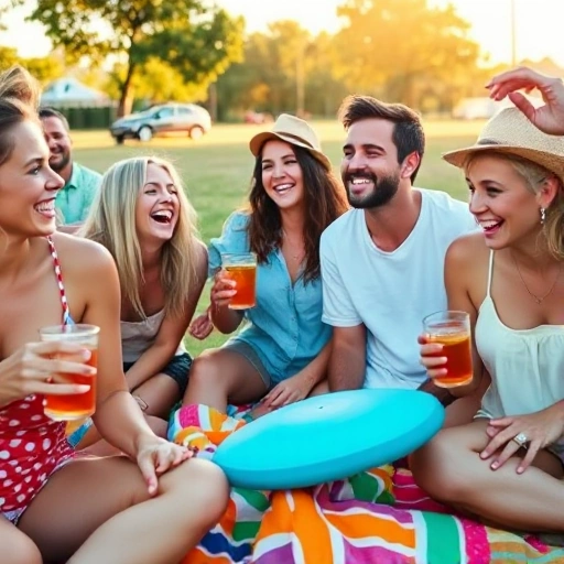 Adults having fun and relaxing, laughing together in a sunny outdoor setting with colorful picnic blankets, drinks, and lighthearted activities like frisbee or board games, warm golden hour lighting, candid joyful expressions, diverse group of adults in casual summer clothing