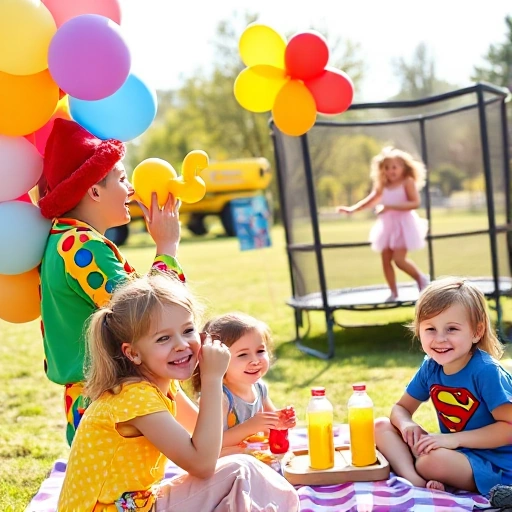A joyful scene of children playing outdoors in a sunny park: colorful balloons, a clown making animal shapes from balloons, kids laughing while jumping on a trampoline, a face-painting station with smiling children wearing butterfly and superhero designs, and a picnic blanket with fruit snacks and juice boxes in the background. Soft natural lighting, vibrant colors, cheerful atmosphere, no text or signs visible.