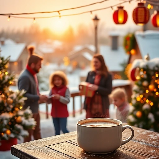 A festive holiday scene with glowing string lights, decorated evergreen trees, joyful people laughing and exchanging gifts, warm golden light reflecting off snow-covered rooftops, children playing in the snow, a steaming mug of cocoa on a wooden table, soft bokeh of distant lanterns, cozy and heartwarming atmosphere