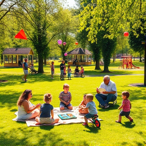 A vibrant, joyful scene of children and adults playing together in a sunny park: kids flying kites, adults playing board games on a picnic blanket, a group tossing a frisbee, and a grandfather teaching a child to ride a bicycle. Lush green grass, colorful balloons floating in the air, trees with dappled sunlight, and a distant playground with swings and slides. Warm, inviting atmosphere with natural lighting and soft shadows.
