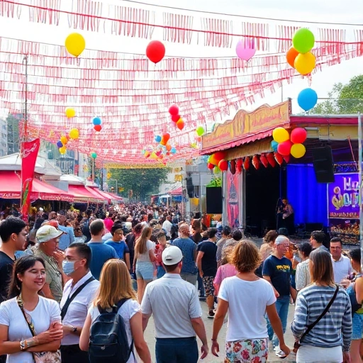 A vibrant outdoor festival scene with colorful decorations, people celebrating with balloons and streamers, festive food stalls, and a stage with performers, all in a cheerful and lively atmosphere