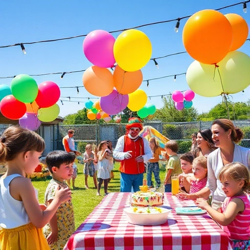 A joyful outdoor celebration with colorful balloons, children playing games like sack race and ring toss, a clown making balloon animals, a picnic table with cake and juice, string lights overhead, and smiling families enjoying the festive atmosphere under a bright blue sky