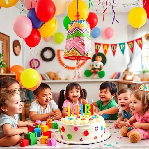A joyful children's party scene with colorful balloons, a birthday cake with candles, kids playing with toys like building blocks and stuffed animals, a piñata hanging above, confetti falling, and smiling children laughing in a decorated indoor space with streamers and festive banners