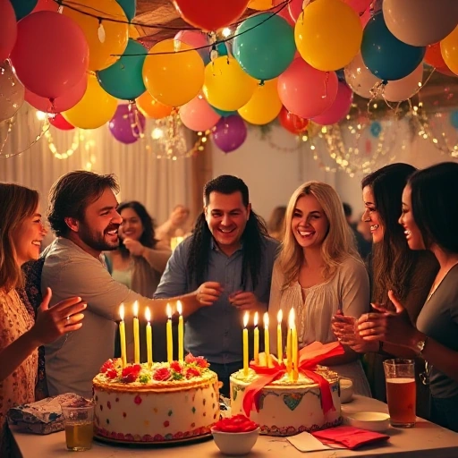 A joyful celebration scene with colorful balloons, confetti, a beautifully decorated cake with candles, string lights overhead, smiling diverse people laughing and dancing, gifts wrapped in bright paper, and a festive table with drinks and snacks, all in warm, soft lighting with a cozy, inviting atmosphere