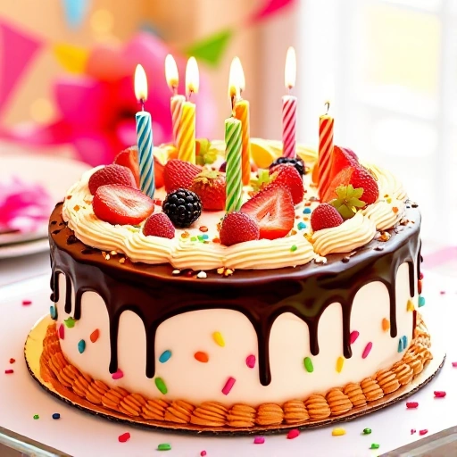 A delicious birthday cake suitable for both adults and children, decorated with colorful frosting, fresh fruits, and candles, presented in a festive setting with a joyful atmosphere