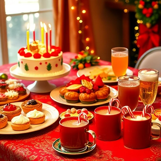 A festive table with colorful holiday treats and drinks: a decorated cake with candles, assorted pastries, fruit tarts, glasses of sparkling juice, hot cocoa in mugs with marshmallows, and candy canes, all arranged on a red and gold tablecloth with twinkling lights in the background