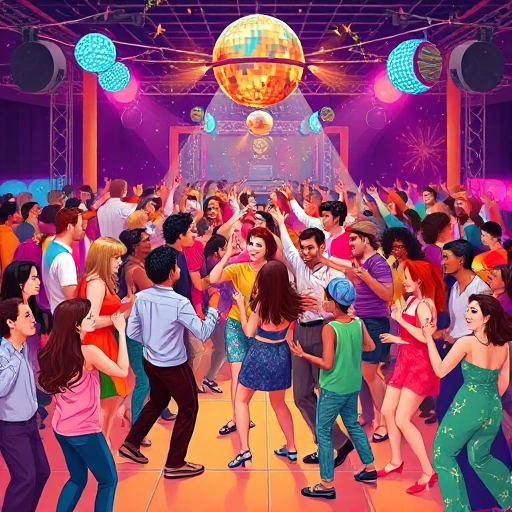 A vibrant, festive disco party scene filled with diverse people of all ages and backgrounds dancing joyfully under colorful disco lights, with glittering decorations, a dance floor, and a DJ booth, all rendered in a cheerful, cartoonish style suitable for a smallHQ illustration
