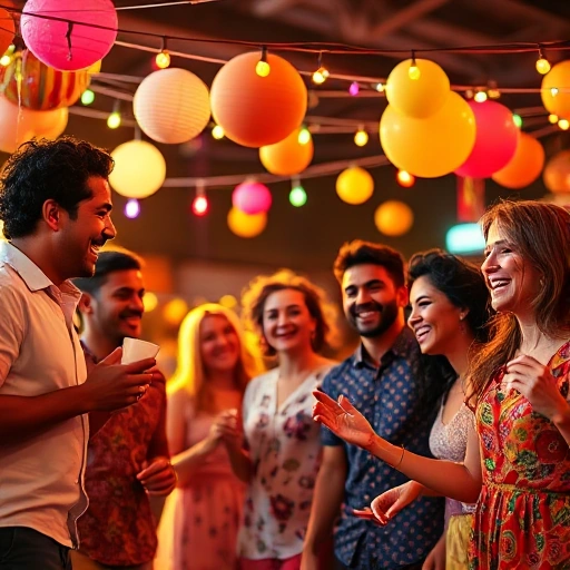 A joyful thematic celebration for everyone, featuring diverse people of all ages and backgrounds dancing and laughing under colorful string lights, with festive decorations like balloons, confetti, and traditional patterns from various cultures, warm golden-hour lighting, vibrant but harmonious colors, no text or signs, photorealistic style with soft focus background