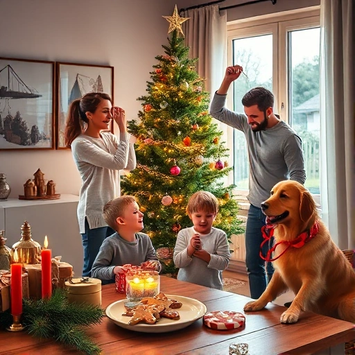 A joyful and warm scene of a family preparing for a holiday: a mother decorating a Christmas tree with colorful ornaments, a father hanging string lights, two children laughing while wrapping gifts, and a golden retriever sitting nearby with a ribbon around its neck. Soft natural light from a window illuminates the room, with pine branches, candles, and a plate of gingerbread cookies on a wooden table. The atmosphere is cozy, festive, and full of love — no text, no signs, no digital elements.