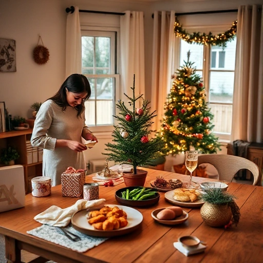 A cozy home scene with a person preparing for a holiday by organizing gifts, decorating a small tree, and planning a healthy meal on a wooden table — warm lighting, natural textures, festive but minimalist atmosphere, soft colors, no text or symbols