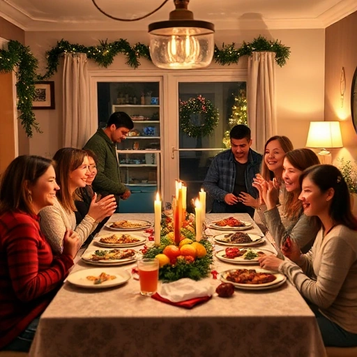 A cheerful family gathering in a cozy home preparing for a holiday celebration, with decorations like garlands and lights, a decorated table with festive foods, people smiling and interacting, warm lighting, and a sense of joyful anticipation