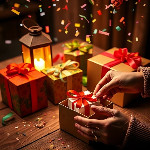 A festive scene with colorful gift boxes wrapped in ribbons, a glowing lantern, confetti floating in the air, and a hand placing a small surprise gift inside an open box, all on a wooden table with soft warm lighting, evoking joy and anticipation for a holiday celebration